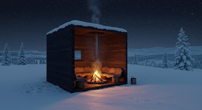 Small open-sided wooden shelter provides warmth with a glowing campfire under a starry night sky in a snowy landscape.