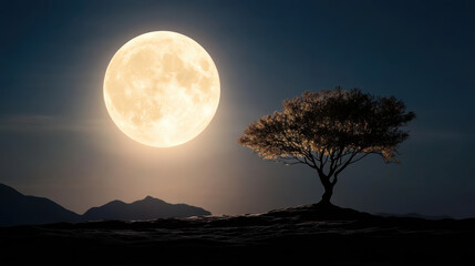 Serene tree silhouette against full moon creates peaceful atmosphere