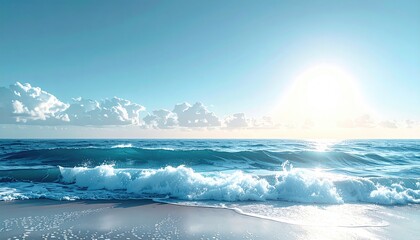 Ocean Waves Crashing On Shoreline Under Bright Sunlight With Gentle Clouds In The Sky