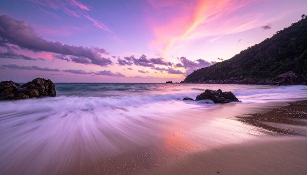 Ocean waves gently washing over a sandy beach during a vibrant purple and pink sunset with a rocky coastline and lush green trees under a dramatic sky.