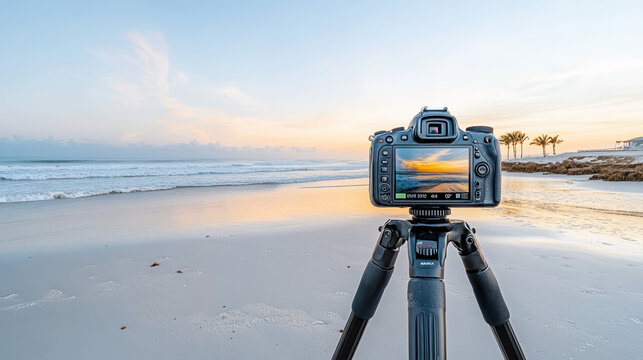 Camera on tripod captures serene beach scene at sunset, reflecting soft colors on water - Powered by Adobe