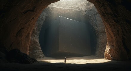Lone figure stands before massive dark monolith illuminated inside cavern entrance