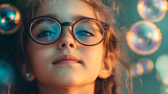 A young girl with blue eyes and glasses looks up at soap bubbles floating in the air. - Powered by Adobe