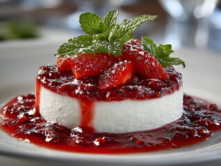 Delicious panna cotta dessert topped with fresh strawberries, raspberry sauce and mint leaves on white plate.