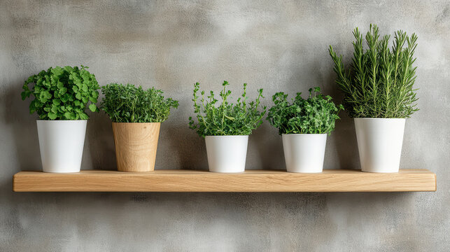 Fresh herbs on wooden shelf create calming atmosphere in any space - Powered by Adobe