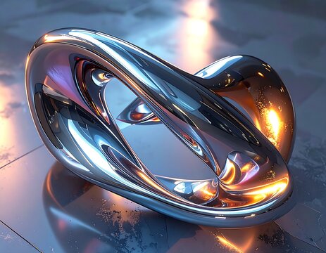Glossy, abstract, chrome-like sculpture on a reflective surface