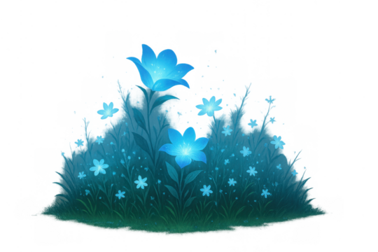 Bioluminescent blue flowers blooming in a magical garden, illuminating the dark foliage with a gentle, mystical glow