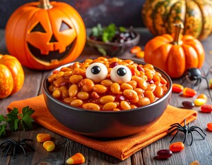 Festive bowl of beans with googly eyes, surrounded by Halloween decor