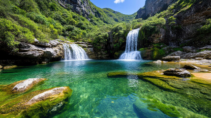 Obraz premium Cascading waterfalls flow into serene turquoise pool surrounded by lush greenery and rocky