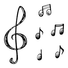 Vector graphic illustration of sheet music and a treble clef. This hand drawn is perfect for music textbooks.