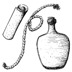 A set of graphic illustrations featuring a rope, a scroll, and a bottle. These hand drawn vector images are perfect for postcards and coloring books.