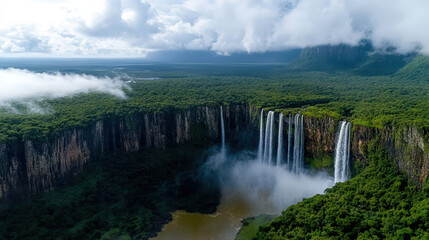 Fototapeta premium Majestic waterfall cascading over cliffs into mist, surrounded by lush greenery and dramatic