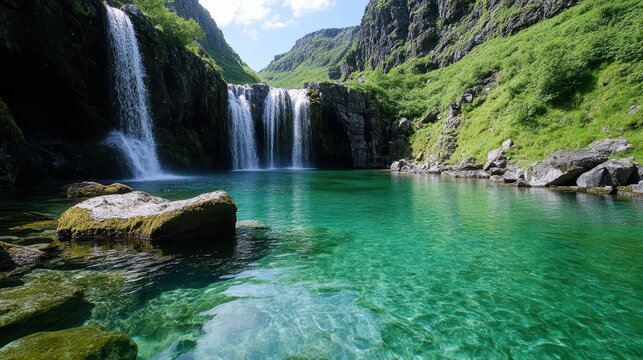 Cascading waterfall flowing into turquoise pool surrounded by lush greenery and rocky cliffs