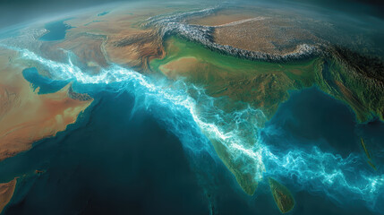 Satellite view of the Indian subcontinent with oceanic bioluminescent effects along the coastline and detailed terrain features over land and sea areas in vibrant colors