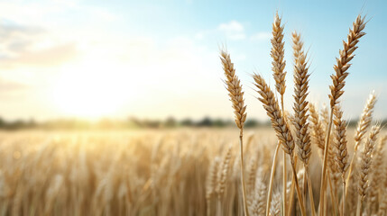 Fototapeta premium Golden wheat field glowing under sunlight, creating serene and peaceful atmosphere