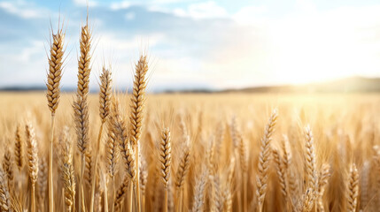 Fototapeta premium Golden wheat field glowing under sunlight, creating serene and peaceful atmosphere