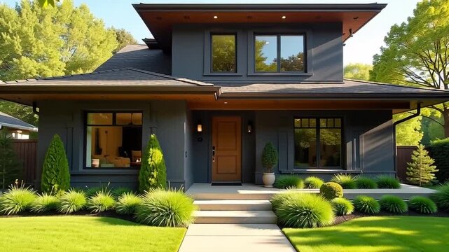 Dream home with professionally landscaped lawn, showcasing modern curb appeal in a desirable neighborhood, ready for new owners to move in now