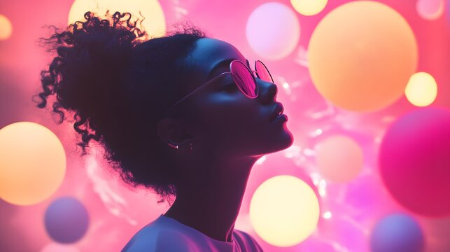 A young woman with curly hair and pink sunglasses gazes upwards, silhouetted against a background of brightly colored circles. - Powered by Adobe