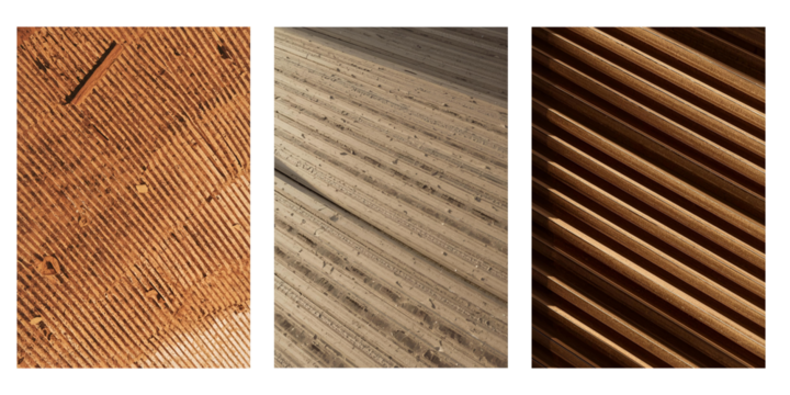 Close-up of corrugated cardboard texture, distinct parallel lines and waves, natural light from above creating shadows in the grooves, light brown, utilitarian, industrial, clean studio shot