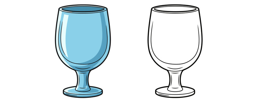 Versions of an empty stemmed glass, one rendered with light blue coloring and reflections, and one black outline drawing on a white background