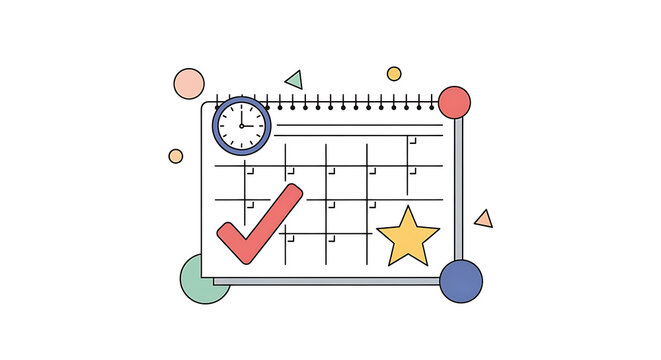 Vector illustration of a calendar with a checkmark and star, representing scheduling, planning, and time management concepts