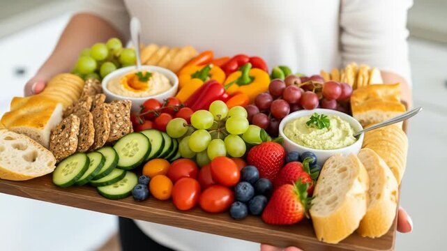 Colorful assorted platter of fruits, vegetables, breads, and dips