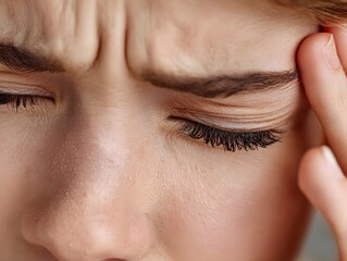 A young person frowns while pressing their fingers to their temple due to a headache or stress issue.