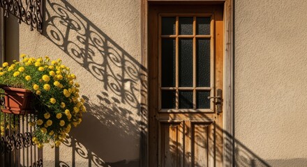 Obraz premium Wooden door with glass panes and a flower pot casting a shadow on a textured wall