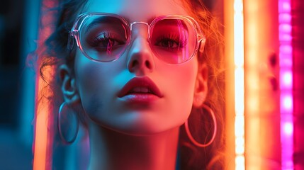 A young woman with red hair and large hoop earrings looks intently at the camera, wearing clear round glasses and illuminated by vibrant blue and pink neon lights.