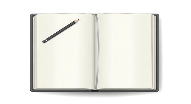 Open notebook with blank pages and pencil on white background. - Powered by Adobe
