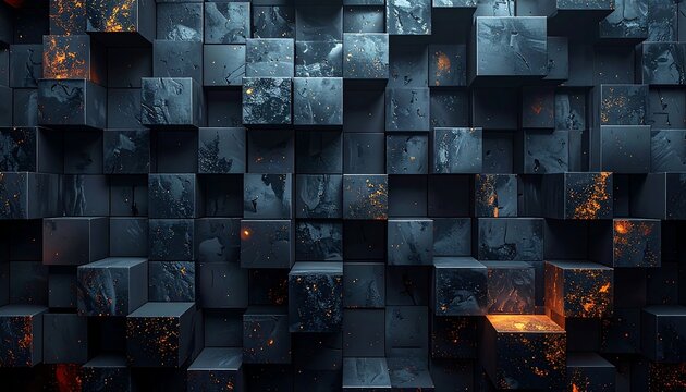 Textured, dark geometric wall featuring irregularly-sized blocks with fiery orange accents. Depths provide interesting shadow play