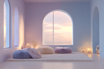 Calming Pastel Meditation Room for Relaxation Apps, Soothing Wellness Events. Color Theme and Style: Soft Pastels, Calming and Soothing Style.