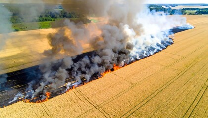 Aerial view of a controlled burn in a golden-hued harvested field, with thick grey smoke rising. The fire consumes the stubble