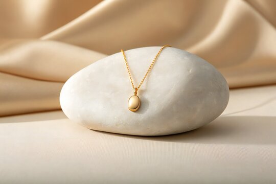 Elegant gold locket necklace resting on smooth white stone with soft silk background