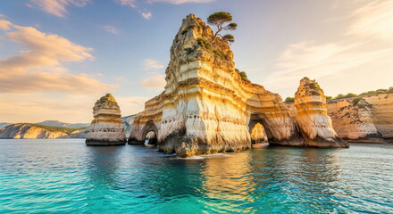 Majestic sea caves and natural arches carved into towering limestone cliffs meet turquoise waters under a warm, golden sunset sky. Beautiful coastal scenery.
