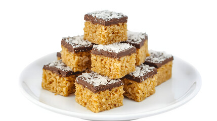 Soft sponge cake cubes coated in chocolate and shredded coconut, neatly