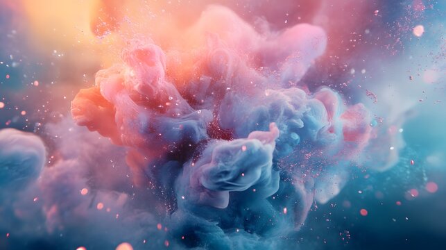 Abstract colorful ink cloud explosion with sparkling particles.