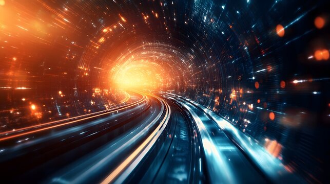 Abstract futuristic tunnel with glowing lights and streaks of light.