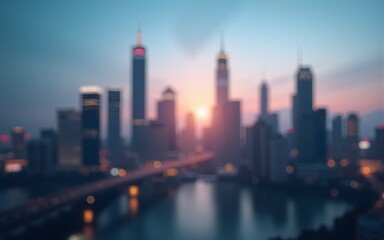 Fototapeta premium Modern blurred cityscape background with abstract urban skyline and soft bokeh lights, perfect for business presentations, professional website headers, and futuristic corporate designs. High quality