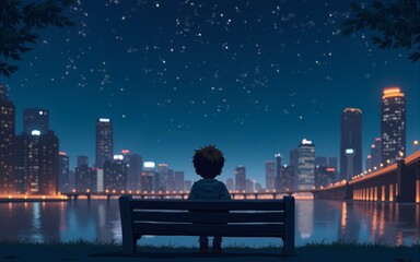 A young boy sits on a bench in the city at night, looking up at the stars. generated using AI. High quality