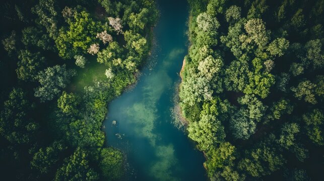 Aerial view of a river winding through a lush green forest.
