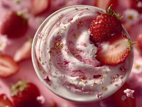Delicious strawberry dessert swirling with cream and gold flakes sits atop a pink background and fruit.