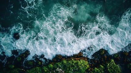 Aerial view of crashing waves against rocky coastline with green seaweed.