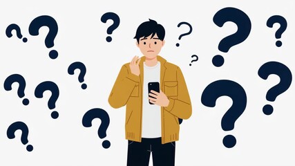 Confused man holding a smartphone surrounded by question marks. Animation concept for FAQs, searching for information online, customer support, and finding solutions.