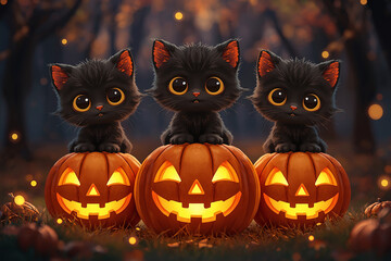 Cute Black Kittens with Jack-o&rsquo;-Lanterns on Halloween Night
