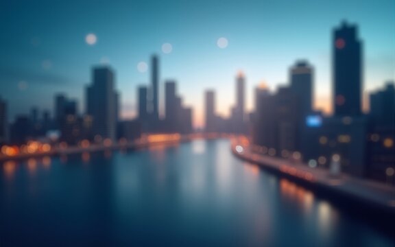 Modern blurred cityscape background with abstract urban skyline and soft bokeh lights, perfect for business presentations, professional website headers, and futuristic corporate designs. High quality