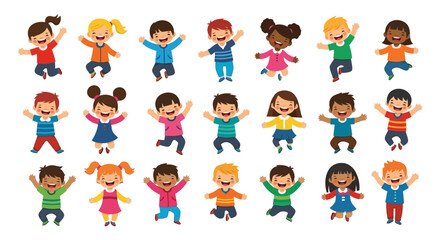 Diverse group of happy, energetic children jumping and celebrating with arms raised