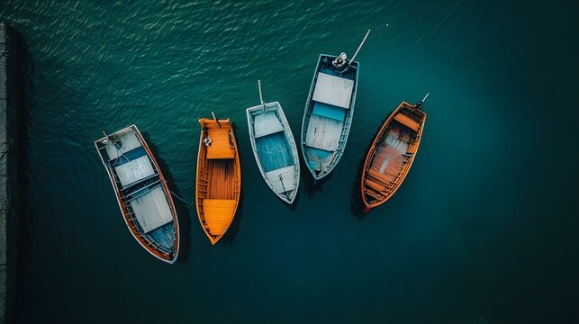 An aerial view of six small boats docked in a calm teal blue body of water.