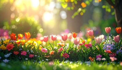 A vibrant garden bursting with colorful tulips and diverse wildflowers under a sunny, bokeh-filled, and green foliage backdrop