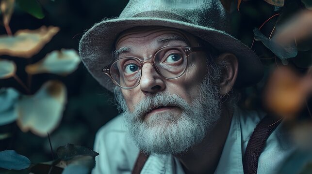 An elderly man with a white beard and glasses peeking through the leaves, looking up with a curious expression.